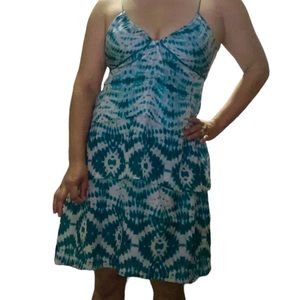 Anthropologie Velvet Silk Tiered Dress Ruffle Teal Blue Green High low Size M